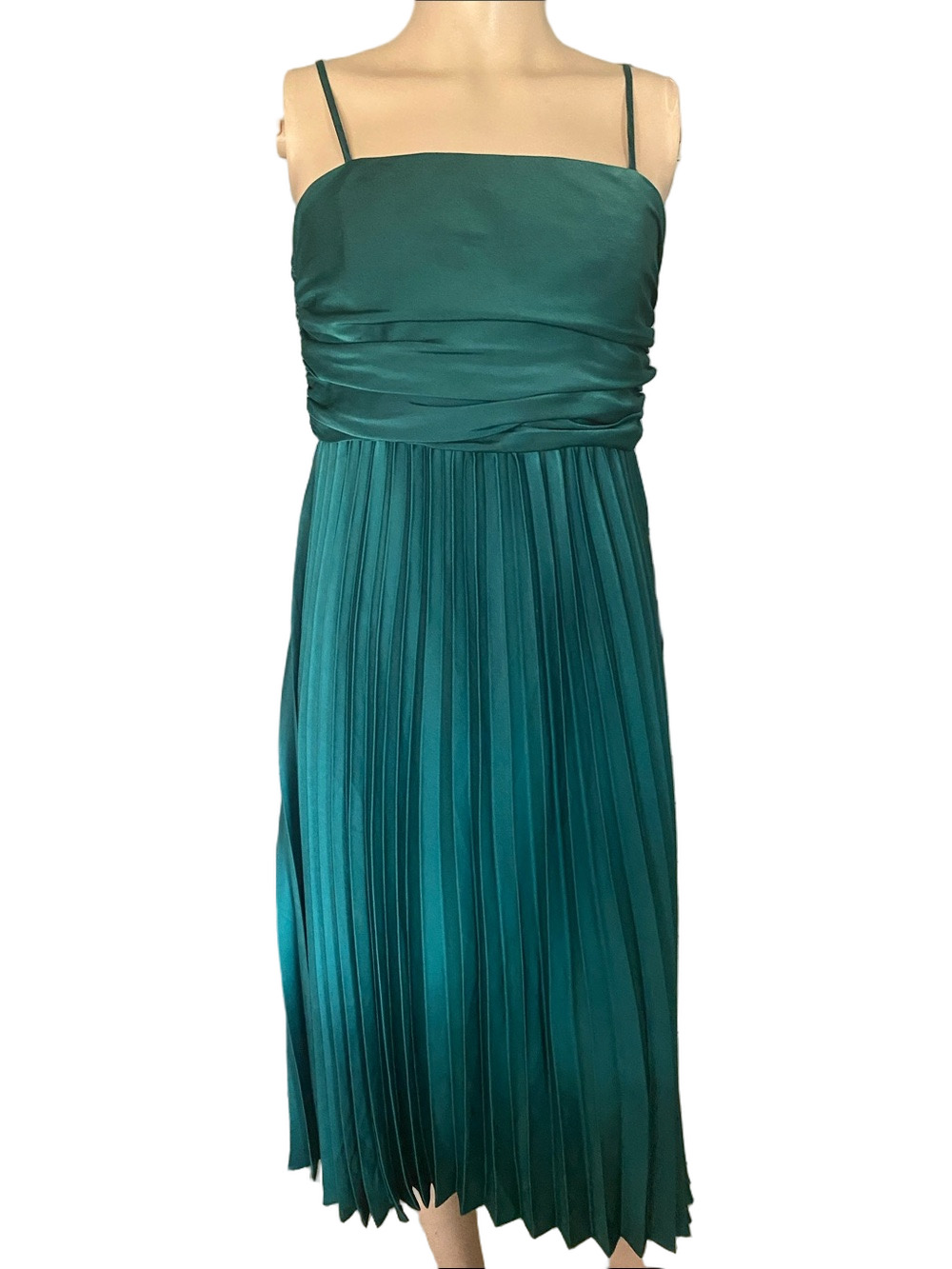 Willa Story Emerald Green Pleated Midi Dress with Slim Straps